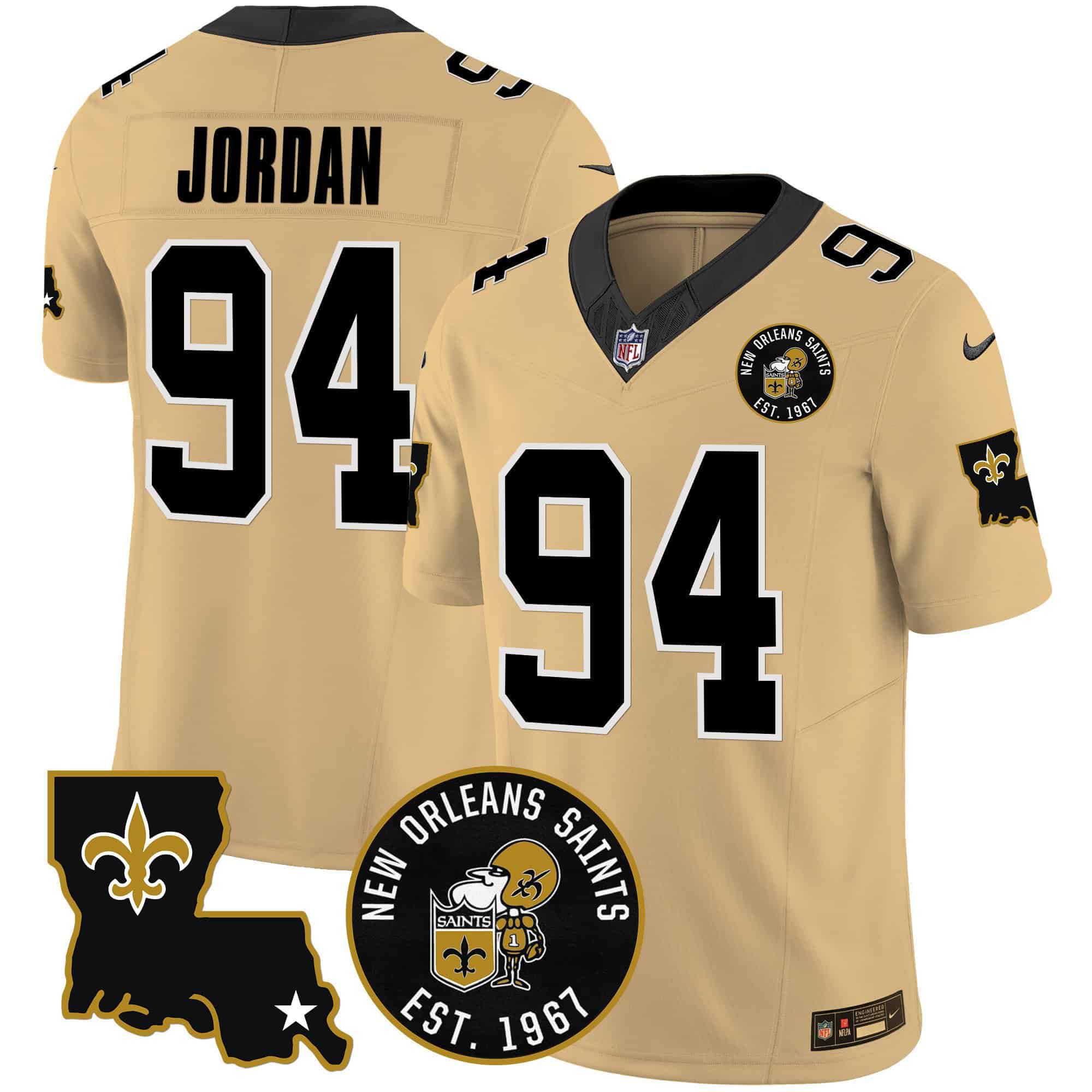Men New Orleans Saints #94 Jordan Yellow 2024 Nike 1967 Patch Vapor Limited NFL Jersey